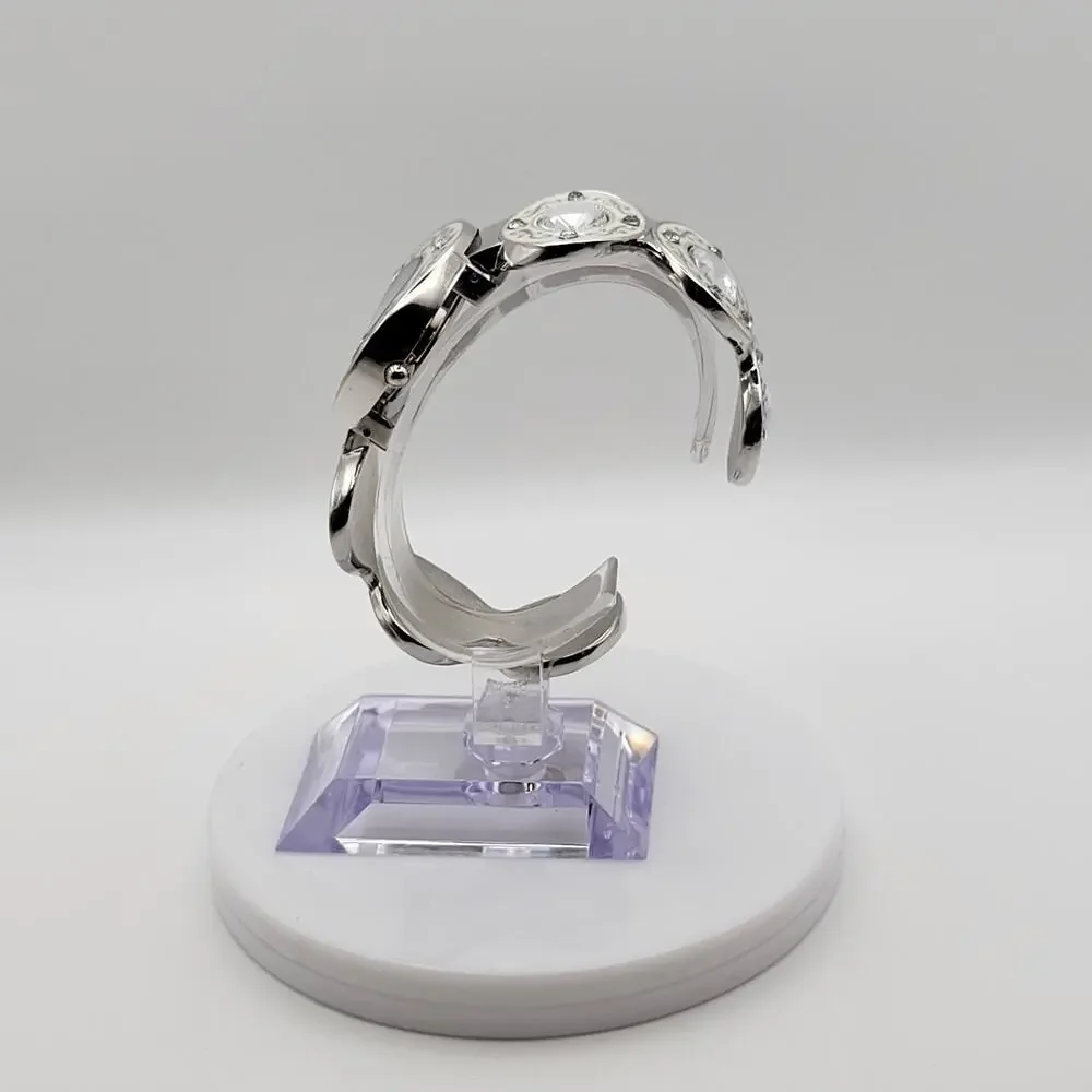 Women's Cuff Bangle Watch Mother of Pearl Dial Silver Filigree Crystal Links